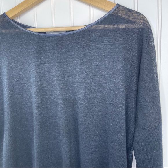 Vince Linen And Lamb Leather Trimmed Long Sleeve Top Navy Blue Size Small - Picture 2 of 7